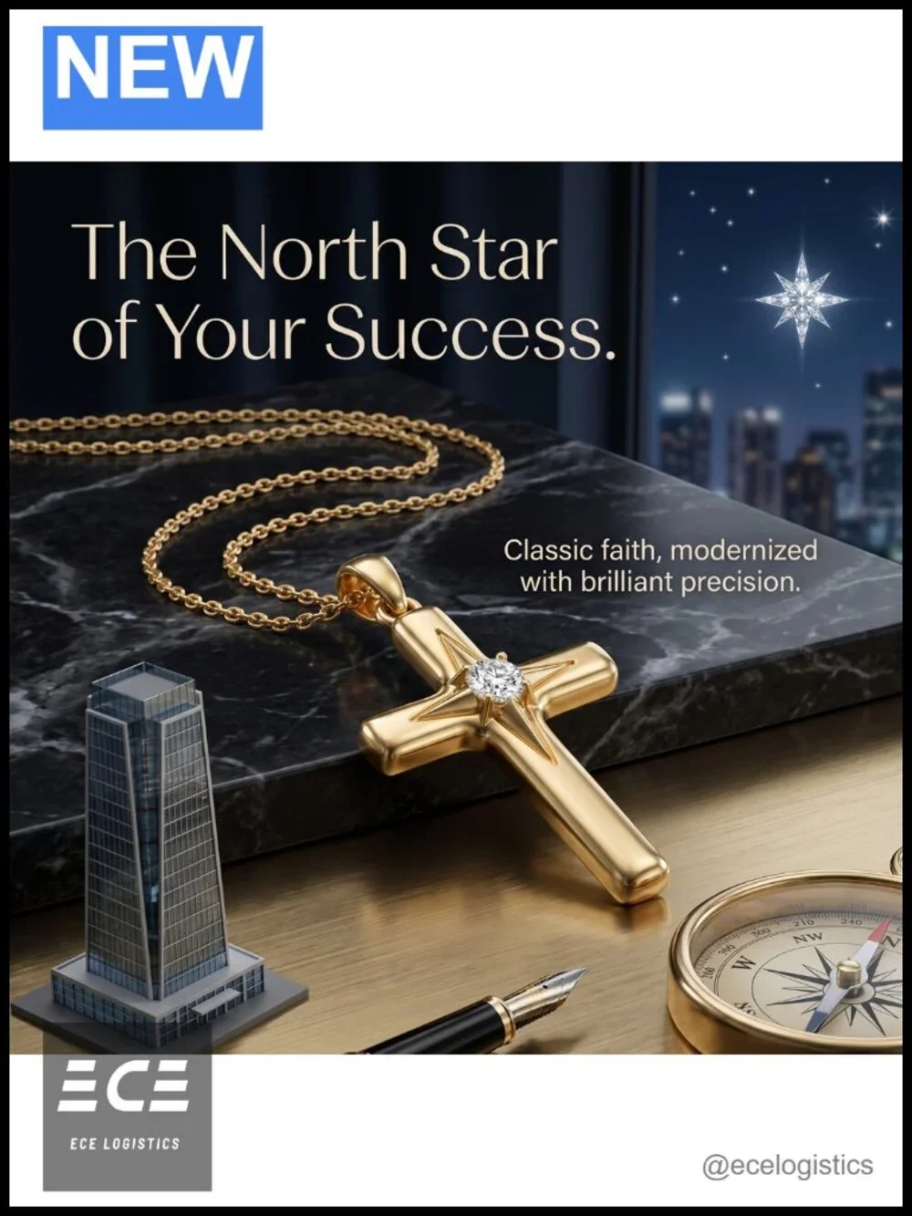 Compass Cross Pendant Necklace Gold Plated Brass Crystal 18 Inch